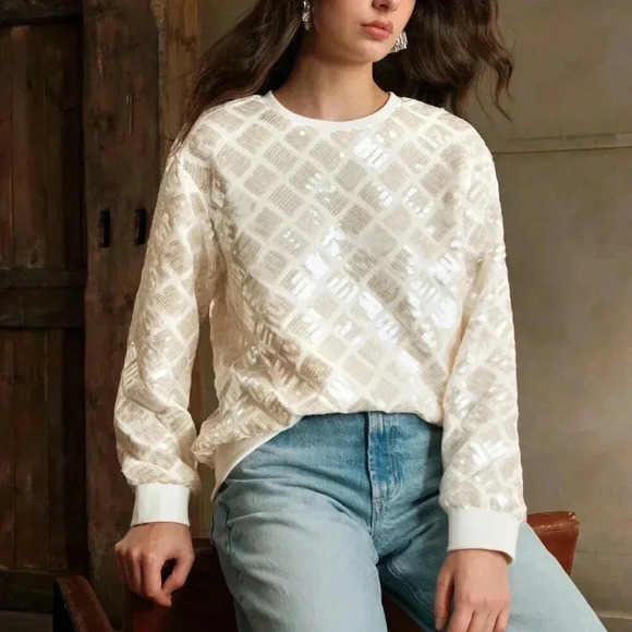 Tops - Beige Casual Women's Studded & Sequin Embellished Round Neck Loose Fit